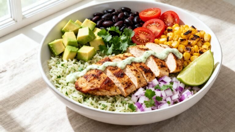 Fresh Burrito Bowl Recipe | Healthy Chicken Rice Bowl with Avocado