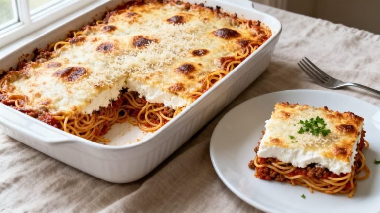 Best Baked Spaghetti Recipe | Cheesy Meat Sauce Casserole Dinner